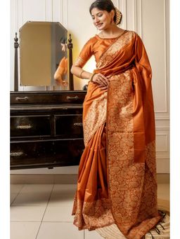 SGF11 - Orange Womens Kanjivaram Soft Silk Saree with Unstitched Blouse