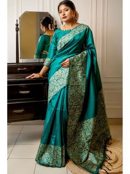 SGF11 - Rama Green Womens Kanjivaram Soft Silk Saree with Unstitched Blouse