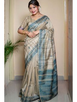 SGF11 - Beige Womens Kanjivaram Tussar Soft Silk Saree with Unstitched Blouse