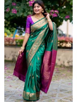 SGF11 - Green Womens Kanjivaram Soft Silk Saree with Unstitched Blouse