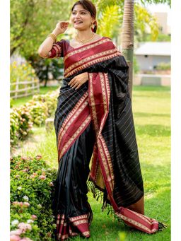 SGF11 - Black Womens Soft Silk Saree with Unstitched Blouse
