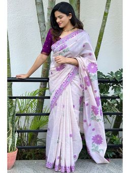 SGF11 - Purple Womens Kanjivaram Soft Cotton Linen Silk Saree with Unstitched Blouse