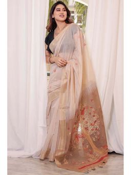 SGF11 - Brown Womens Kanjivaram Soft Cotton Linen Silk Saree with Unstitched Blouse