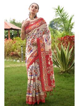 SGF11 - Cream Red Womens Cotton Linen Kalamkari Printed Silk Saree with Unstitched Blouse