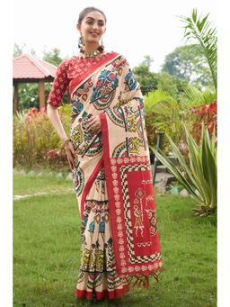 SGF11 - Cream Red Womens Cotton Linen Kalamkari Printed Silk Saree with Unstitched Blouse