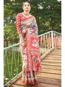 SGF11 - Cream Red Womens Cotton Linen Kalamkari Printed Silk Saree with Unstitched Blouse