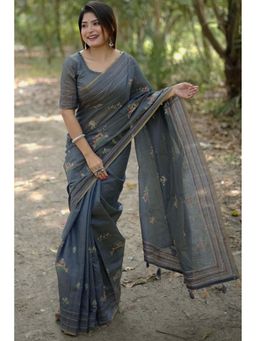 SGF11 - Grey Womens Kanjivaram Soft Cotton Linen Silk Saree with Unstitched Blouse