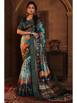 SGF11 - Blue Womens Kanjivaram Kalamkari Soft Silk Printed Saree with Unstitched Blouse