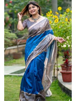 SGF11 - Dark Blue Womens Cotton Linen Kalamkari Printed Silk Saree with Unstitched Blouse