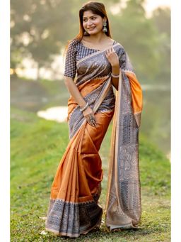 SGF11 - Mustard Womens Cotton Linen Kalamkari Printed Silk Saree with Unstitched Blouse