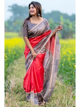 SGF11 - Red Womens Cotton Linen Kalamkari Printed Silk Saree with Unstitched Blouse