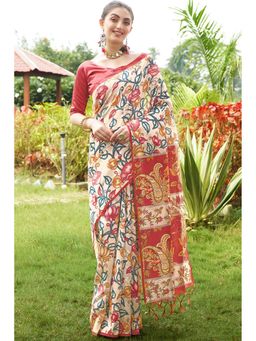 SGF11 - Maroon Womens Kalamkari Soft Silk Printed Saree with Unstitched Blouse