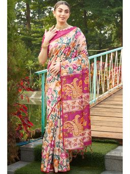 SGF11 - Pink Womens Kalamkari Soft Silk Printed Saree with Unstitched Blouse