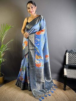 SGF11 - Blue Womens Kanjivaram Kalamkari Soft Silk Printed Saree with Unstitched Blouse