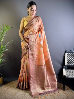 SGF11 - Orange Womens Kanjivaram Kalamkari Soft Silk Printed Saree with Unstitched Blouse