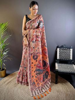 SGF11 - Cream Womens Cotton Linen Kalamkari Printed Silk Saree with Unstitched Blouse