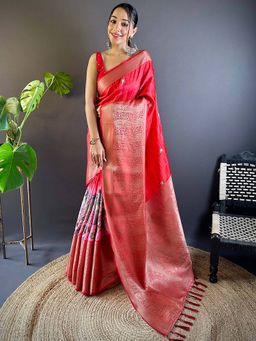 SGF11 - Red Womens Kanjivaram Kalamkari Soft Silk Printed Saree with Unstitched Blouse