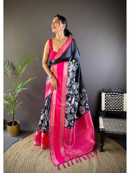 SGF11 - Black Womens Kanjivaram Kalamkari Soft Silk Printed Saree with Unstitched Blouse