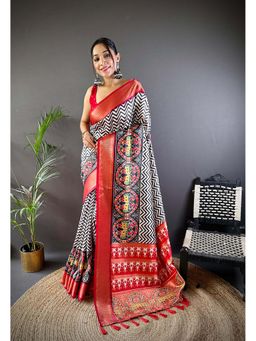 SGF11 - Black Womens Kanjivaram Kalamkari Soft Silk Printed Saree with Unstitched Blouse