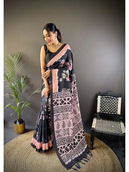 SGF11 - Black Womens Kanjivaram Kalamkari Soft Silk Printed Saree with Unstitched Blouse