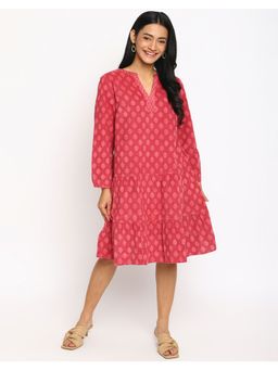 Fabindia - Pink Cotton Hand Block Printed Knee Length Dress