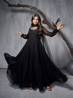 INDDUS - Black Ethnic Motifs Sequinned Embroidered Kurta with Dupatta