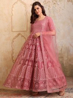 INDDUS - Pink Floral Thread and Sequinned Embroidered Kurta with Dupatta