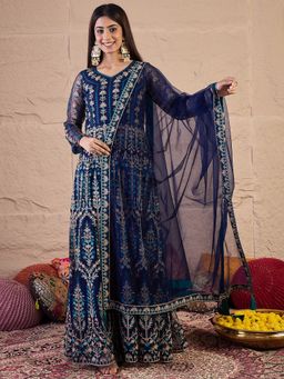 INDDUS - Navy Blue Floral Thread Embroidered Kurta with Dupatta