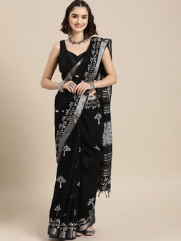 Yufta - Women Black Hand-Block Printed Woven Saree with Unstitched Blouse