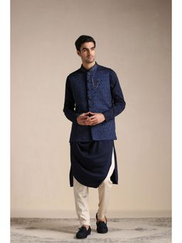 Manyavar - Blue Art Silk & Blended Rayon Solid Kurta Pyjama and Jacket (Set of 3)