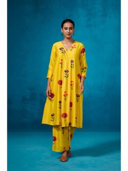Dressfolk - Yellow Floral Chanderi Fabric Anarkali Kurta with Palazzo (Set of 2)