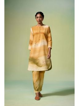 Dressfolk - Beige and Brown Floral Print Linen-Cotton Kurta with Pant (Set of 2)