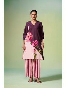 Dressfolk - Dark Purple Floral Print Linen-Cotton Kurta (Set of 2)