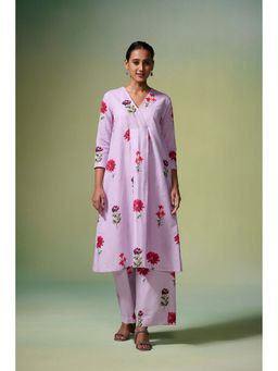 Dressfolk - Light Lavender Floral Print Linen-Cotton Kurta (Set of 2)