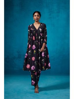 Dressfolk - Black Floral Chanderi Fabric Anarkali Kurta with Pant (Set of 2)