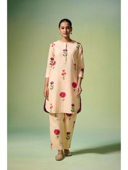 Dressfolk - Beige Floral Print Linen-Cotton Kurta with Pant (Set of 2)