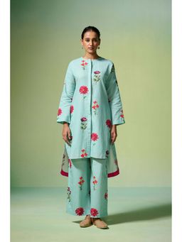 Dressfolk - Turquoise Floral Print Linen-Cotton Kurta (Set of 2)