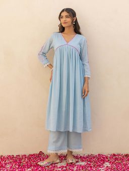 Bud & Tulip - Sky Manushi Anarkali Kurta with Palazzo and Dupatta (Set of 3)