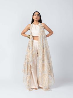LABEL NAARITI - Taara Beige Crop Top with Palazzo and Overlay Jacket (Set of 3)