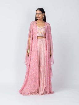 LABEL NAARITI - Arshiya Pink Crop Top with Sharara and Cape (Set of 3)