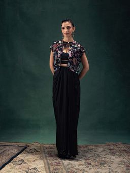 LABEL NAARITI - Yamini Black Blouse with Jacket and Skirt (Set of 3)