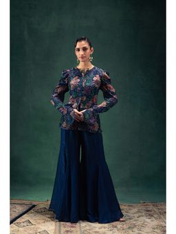 LABEL NAARITI - Arya Navy Blue Blouse with Jacket and Sharara (Set of 3)