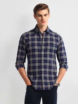 Arrow Sports - Navy Blue Slim Fit Cotton Checks Shirt