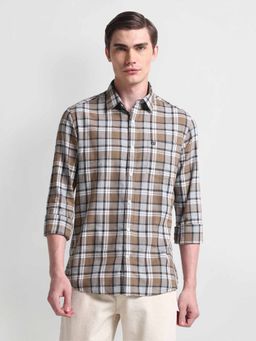 Arrow Sports - Brown Point Collar Slim Fit Herringbone Checks Shirt