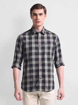 Arrow Sports - Navy Blue Slim Fit Twill Checks Shirt