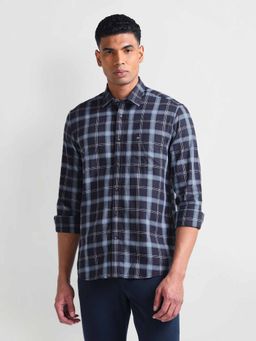 Arrow Sports - Navy Blue Tartan Check Long Sleeve Shirt
