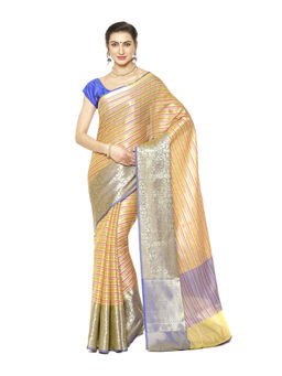 Banarasi Silk Works - Stripes Gold & Pink Zari Kanchi Silk Tanchoi Pattu Sari with Unstitched Blouse