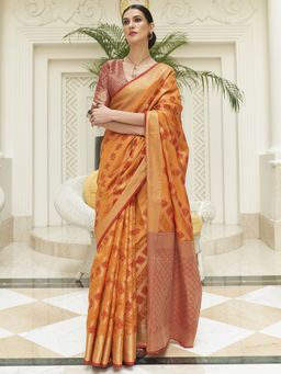 Akhilam - Womens Silk Blend Mustard Woven Designer Saree with Unstitched Blouse
