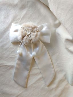 Choko - Girls Christmas Hairclip, White Satin Bow with Fur Pom Detail, Kids Hair Accessory - White (3-12 Years)