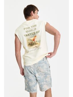 Snitch - Cream Graphic Sleeveless Regular Casual T-Shirt For Men